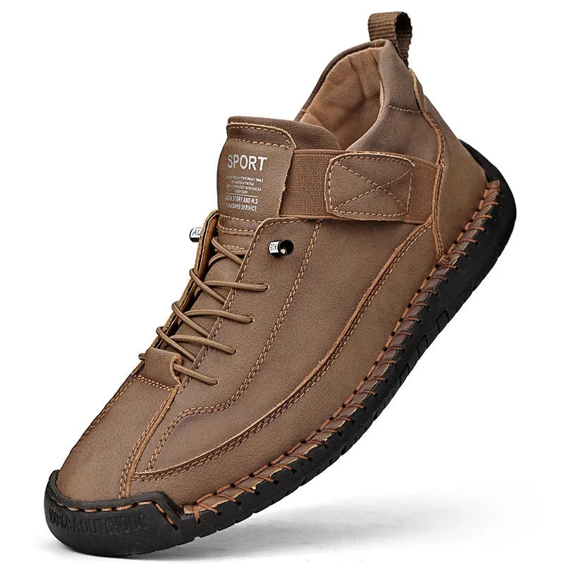 Men's mid-top Martin boots with microfiber upper, leather lining, and rubber sole in solid colour options for winter outdoor wear.