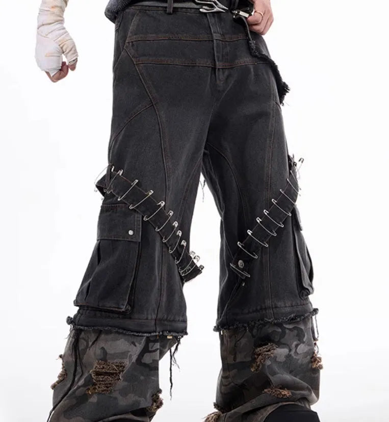 Men's grey camouflage jeans with splicing structure and pin ribbon detailing in cotton denim