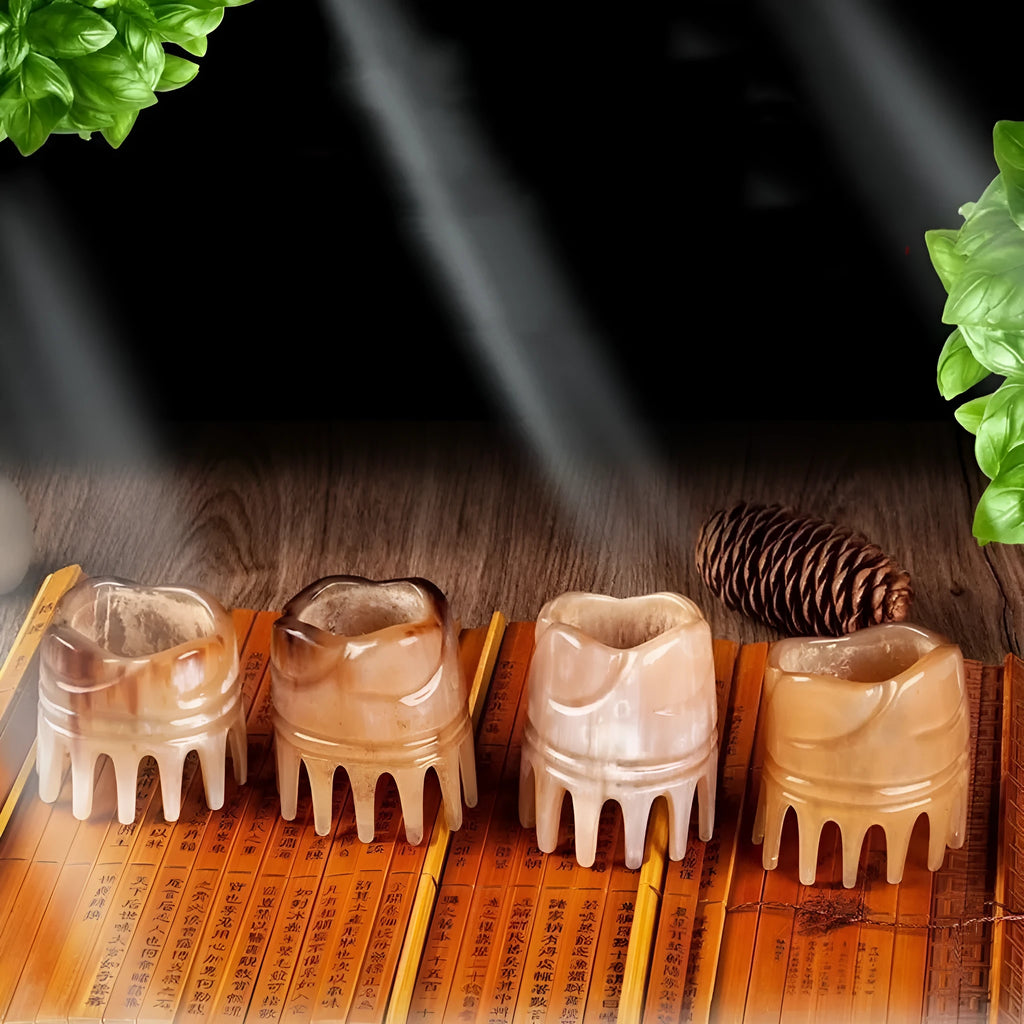 White buffalo horn meridian massage comb with wide teeth and pointed shampoo tube comb sections