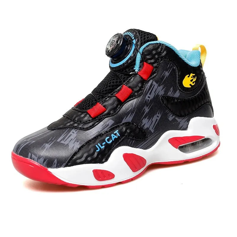 Children's black and coloured rotating button basketball shoes with a PU sole.