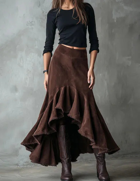 Western Brown High-Low Eco Suede Ruffle Maxi Skirt for Women