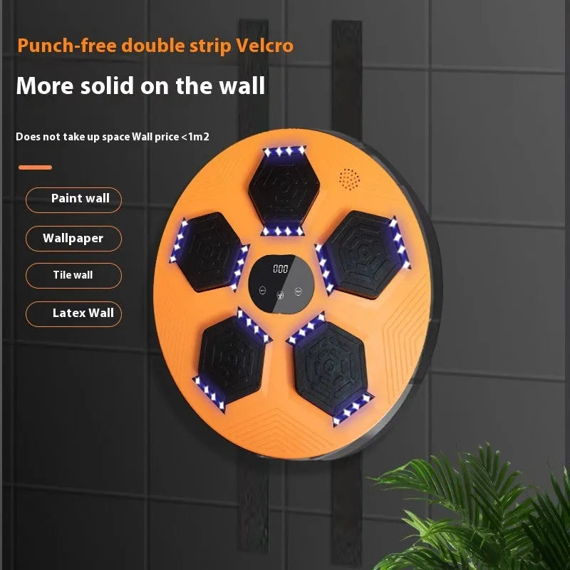 Smart music-reactive boxing punch target mounted on a wall, shown in orange with matching gloves.