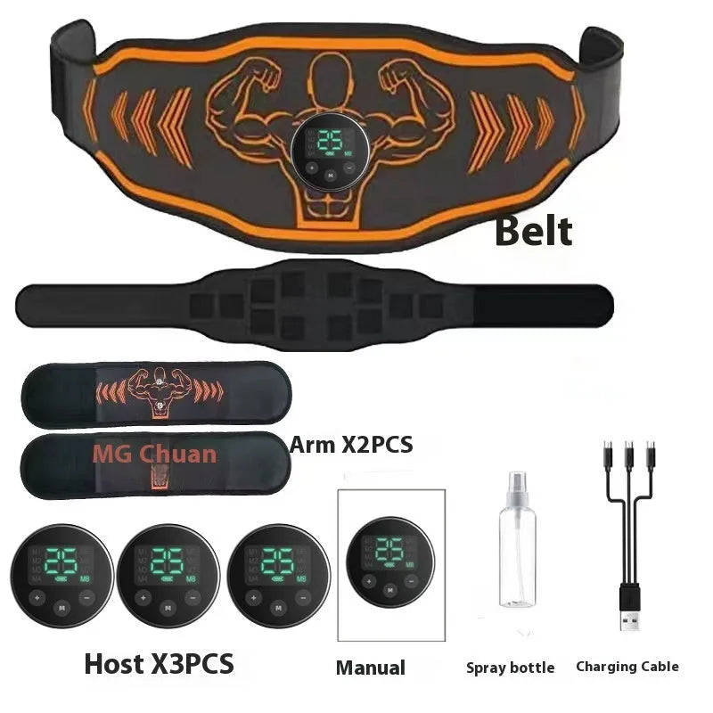 Blue and orange EMS smart massage belts with conductive pads and a rechargeable host unit for home muscle stimulation.