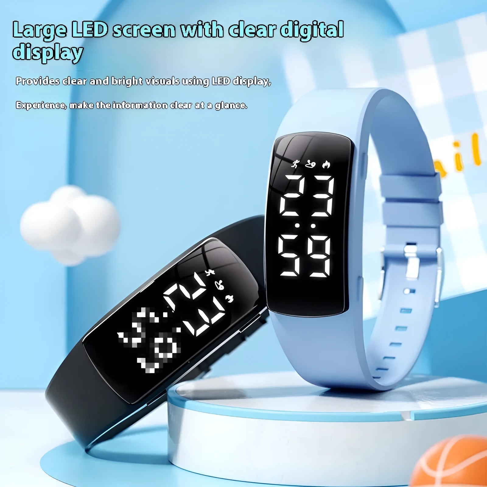 Smart electronic watch with LED display showing time, featuring vibration alarm and 50 metre waterproof rating with silicone strap