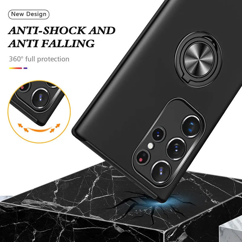 Magnetic ring stand anti drop Samsung phone case in PU, back cover with bracket and magnetic suction