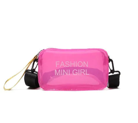 Transparent square jelly women's shoulder bag with a long adjustable strap, shown in a light colour.