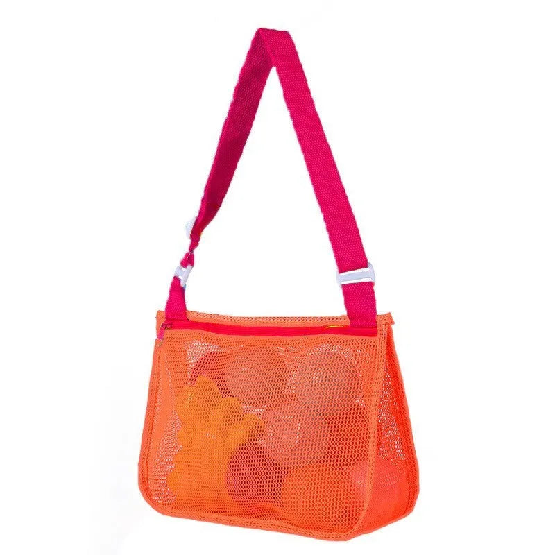 Blue nylon mesh travel storage bag with black handle and zip seal for children's clothing organisation