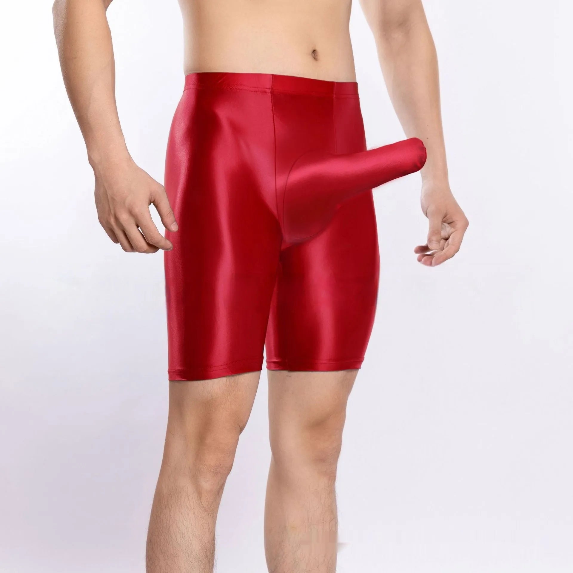 Man's shiny silky nylon sports shorts in plus sizes, shown in multiple colour options.