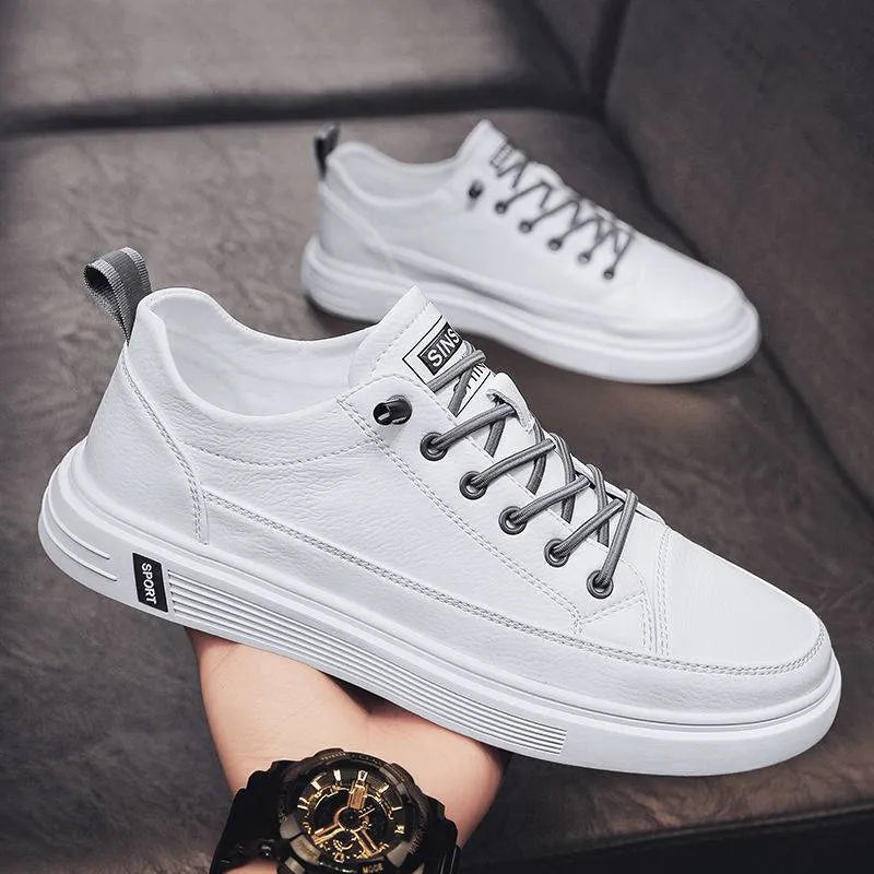 Men's white casual shoes with round toe and low flat heel, Korean style shallow opening.