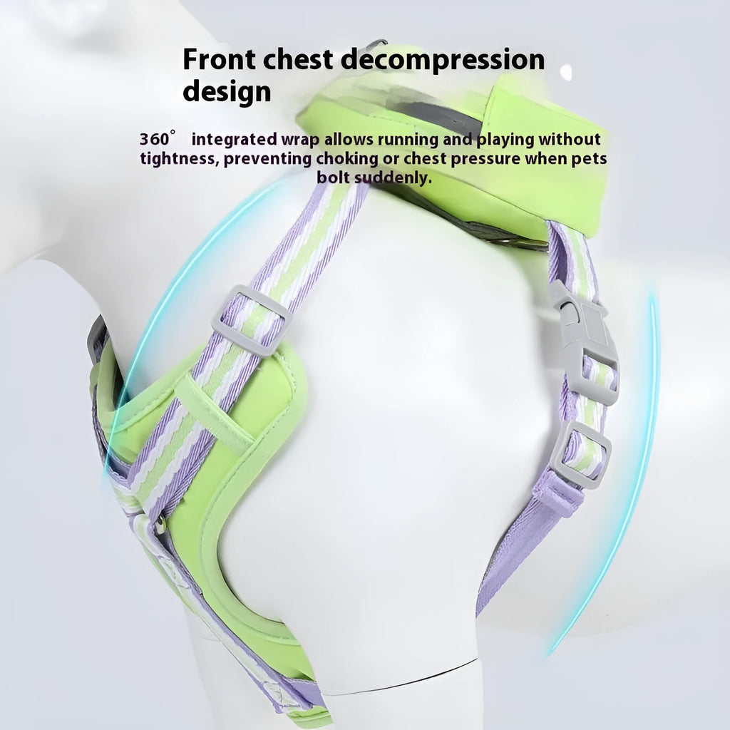 Pink explosion-proof anti-strangulation dog harness with quick-release buckle and attached lead on a dog.