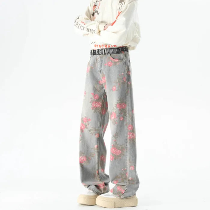 Men's blue peony jacquard washed loose jeans with mid waist and zipper fly