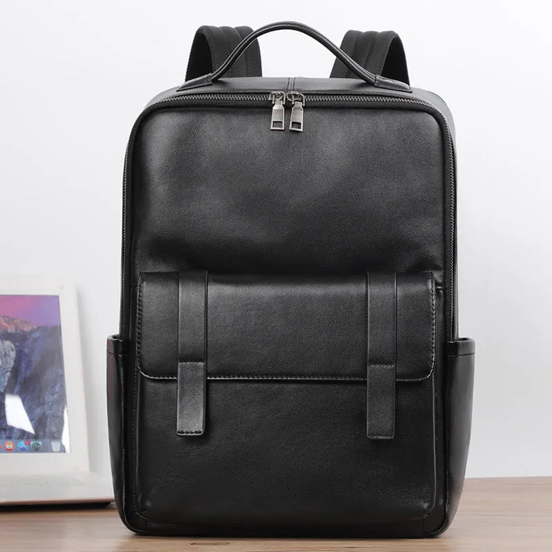 Men's black leather computer backpack with woven design and large capacity