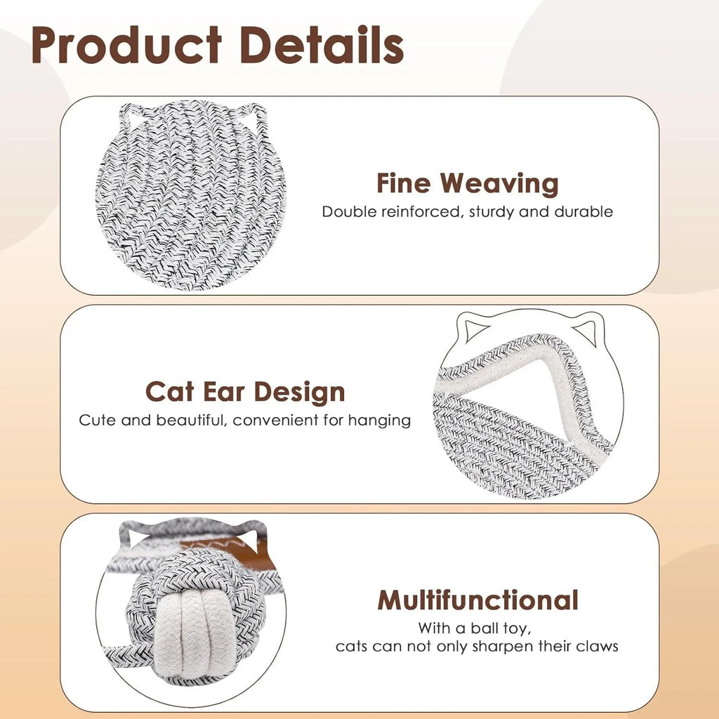 Round natural cotton rope cat scratcher mat with hanging ear and cat ball toy, sizes M 50cm and S 40cm.