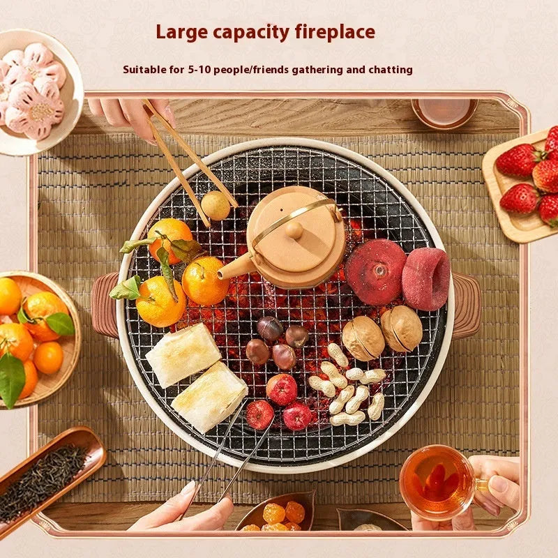 Portable carbon steel charcoal stove with a circular grill rack, for indoor and outdoor cooking.