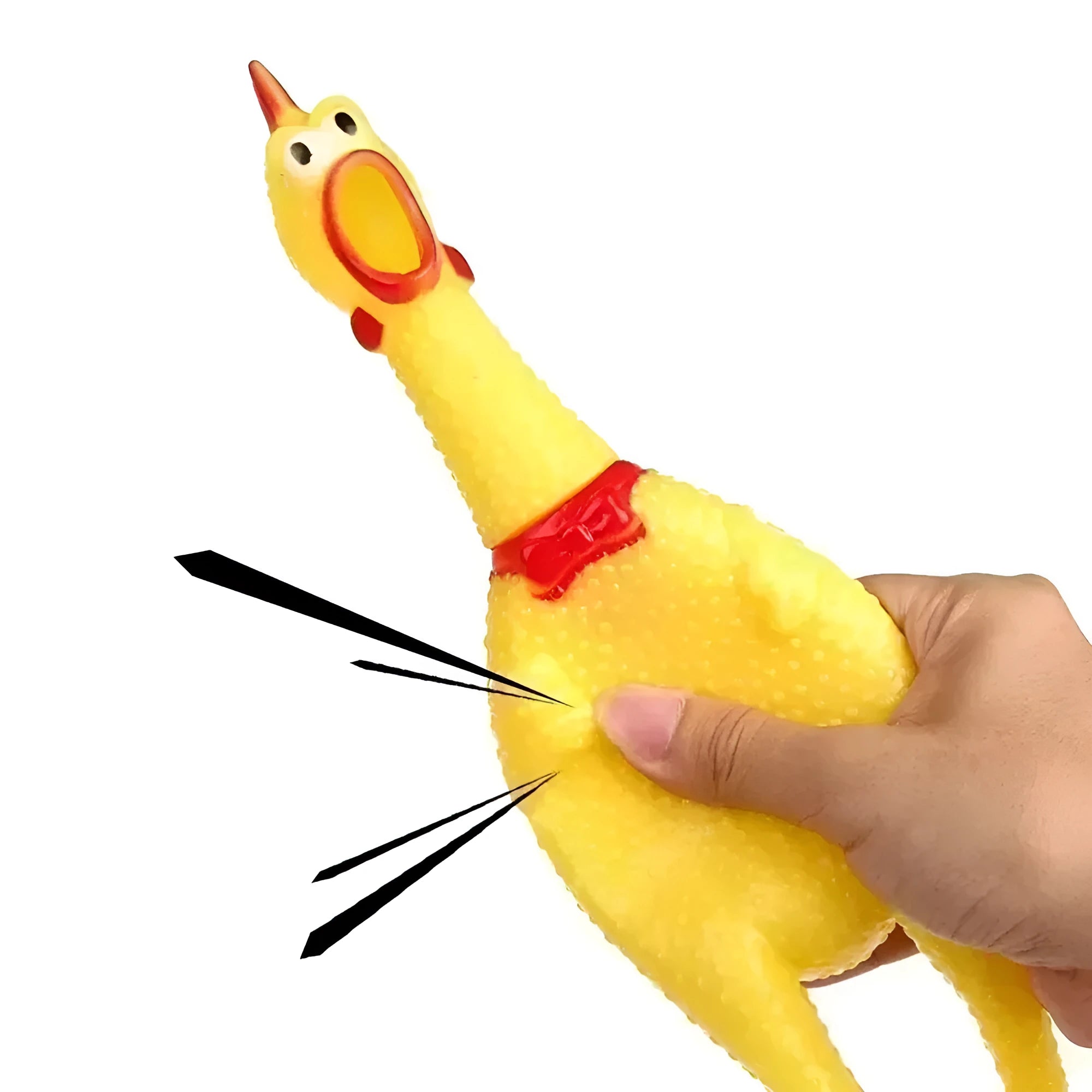 Yellow rubber screaming chicken dog squeak toy with three size options