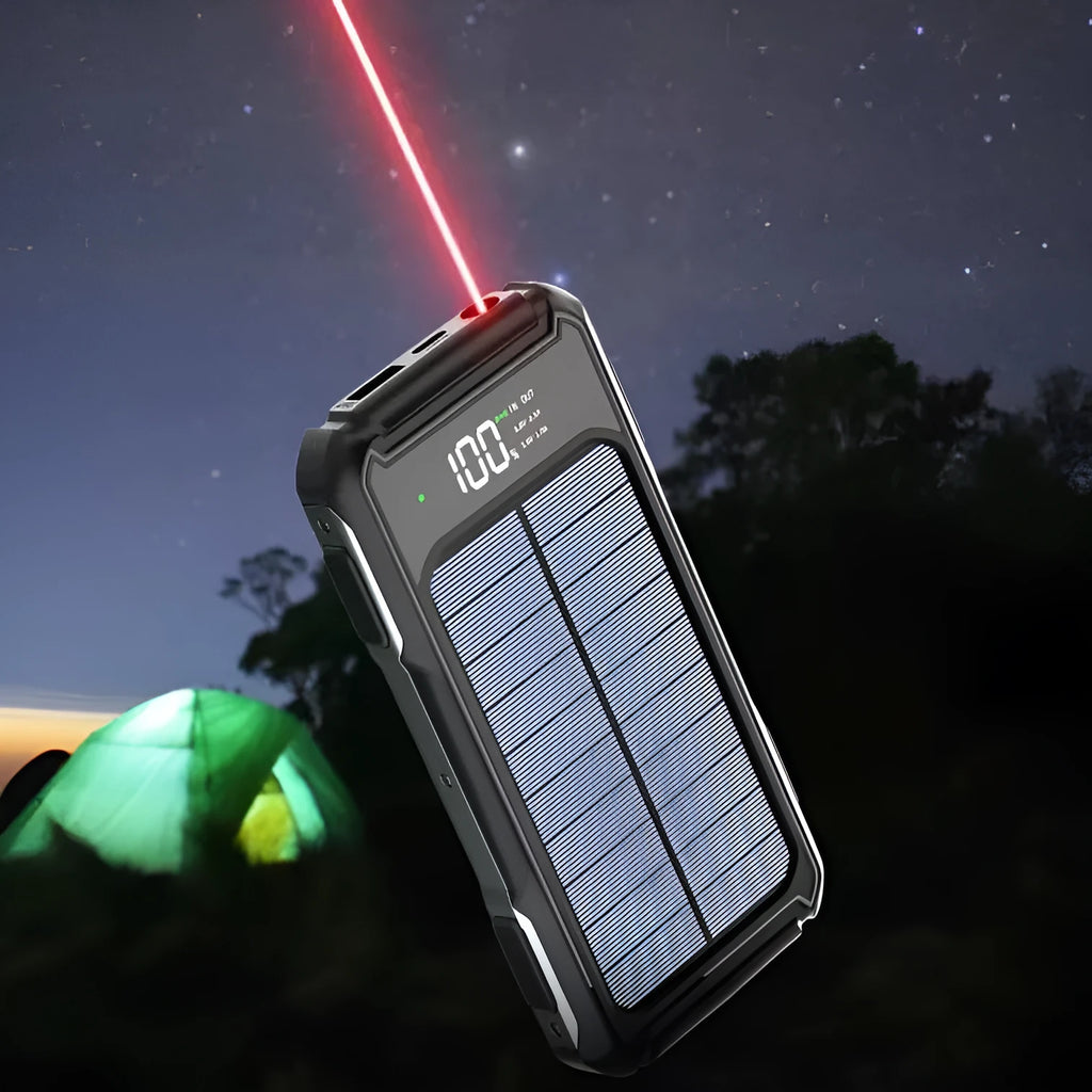 Military grade mobile power bank in black, green, or orange, showing compact size and charging ports.