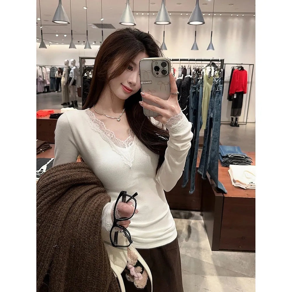 White V-neck Dralon lace stitching brushed long sleeve knitted top for women, slim fit, polyester, front view