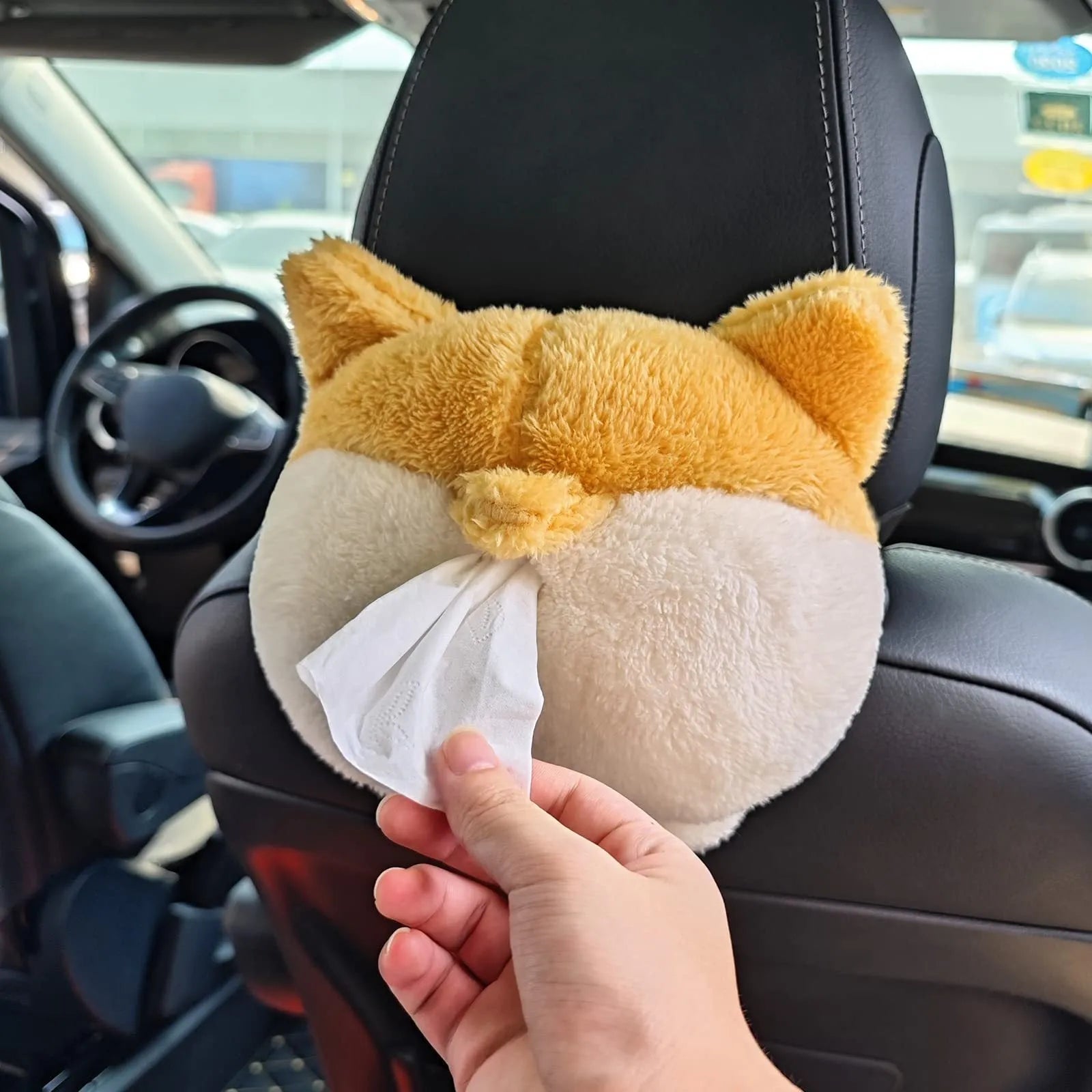 Yellow plush corgi butt-shaped tissue box cover with elastic strap for car sun visor