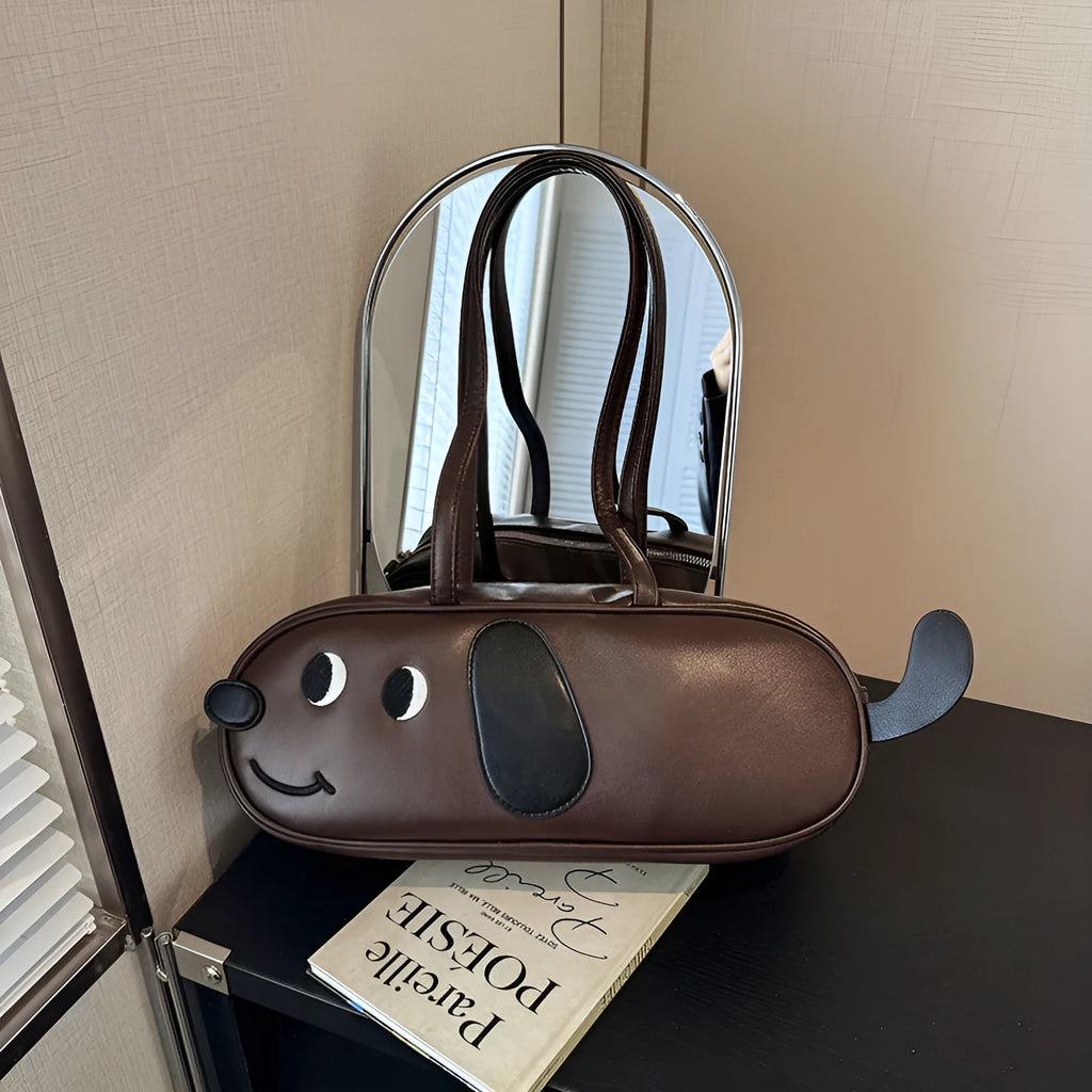 Sausage dog crossbody bag coffee brown retro frosted horizontal square PU handbag with single shoulder strap