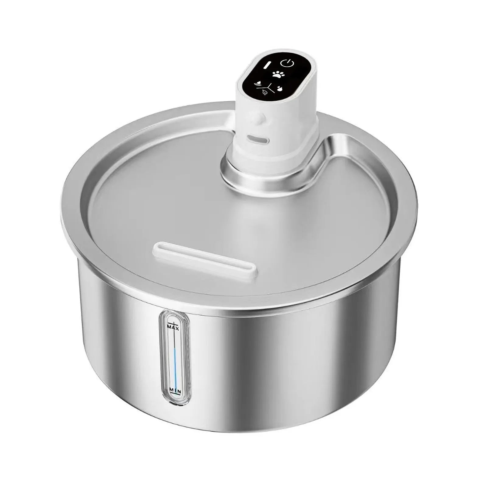 Stainless steel pet water fountain with white heating base on a kitchen floor