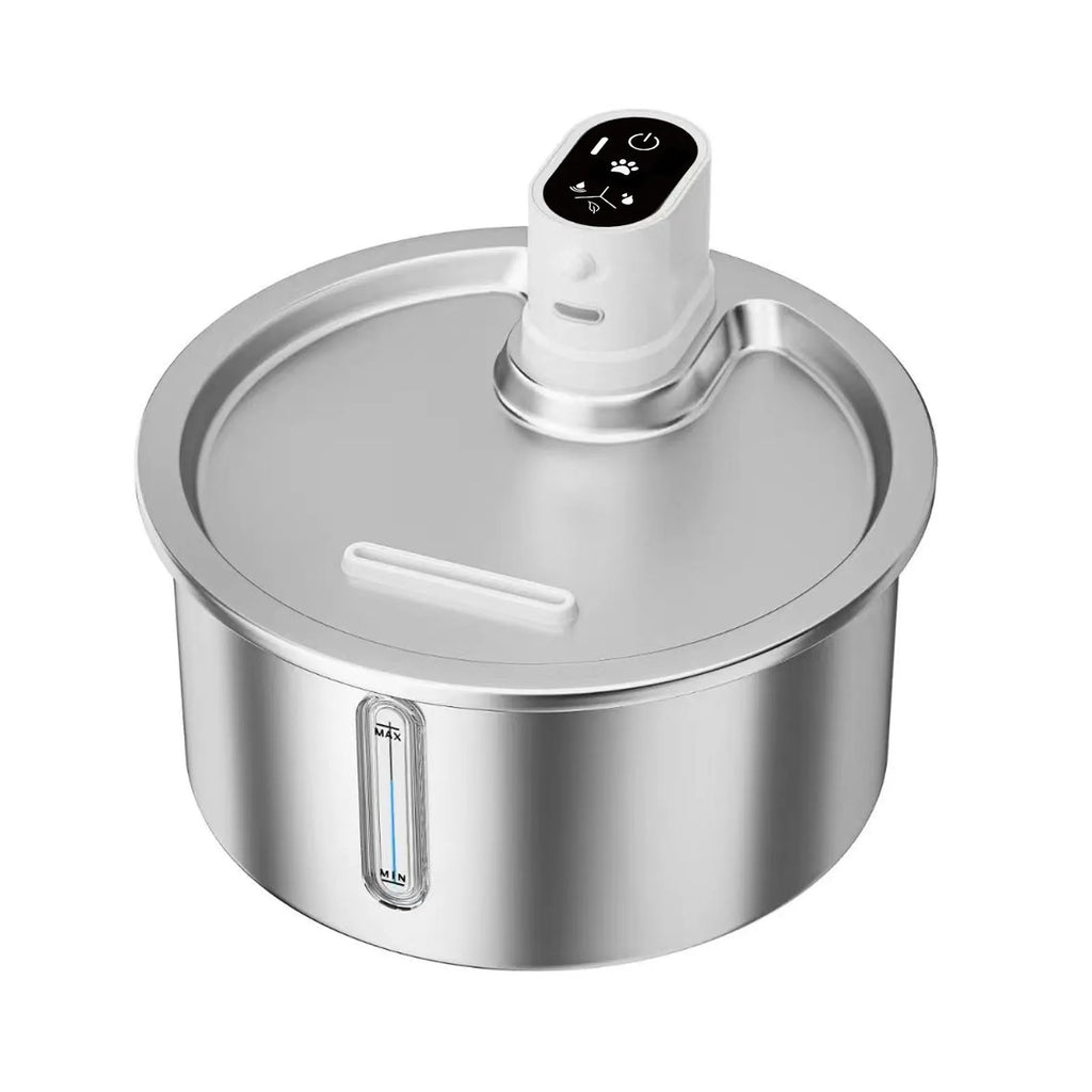 Stainless steel cat and dog water fountain with a white base and constant temperature heating function.
