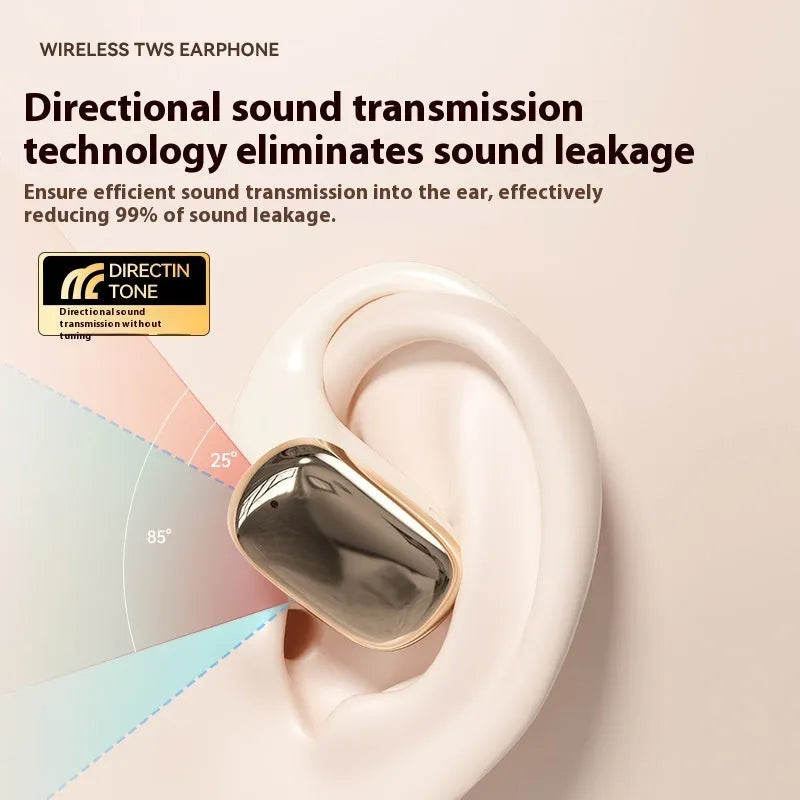 Ear-mounted wireless headphones with digital display screen on side, shown in skin colour.