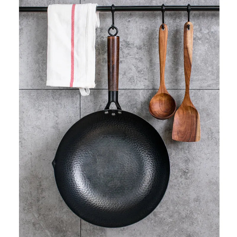 Traditional black iron wok with wooden handle, 32cm diameter
