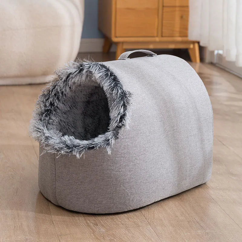 Fleece-lined cat nest closed sleeping bag for autumn and winter, portable, gray colour, size L, on floor