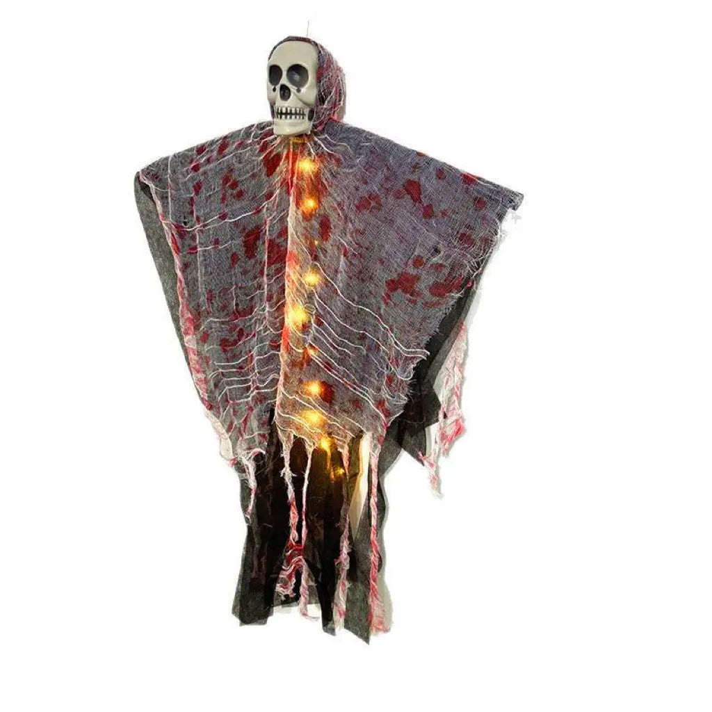 Blood-dyed luminous plastic skull hanging ghost Halloween ornament for outdoor decoration.