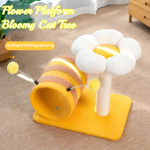 Yellow multi-level cat climbing frame with sisal scratching posts and a central tunnel.
