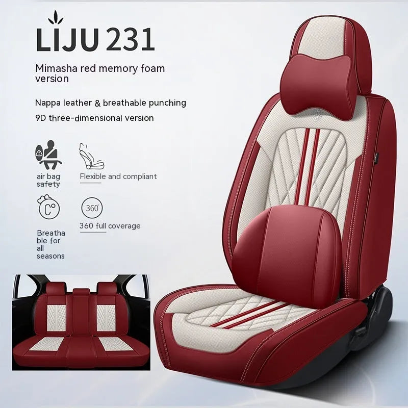 Five-seat car seat cushion set showing colour options including beige and black, black and grey, and striped patterns