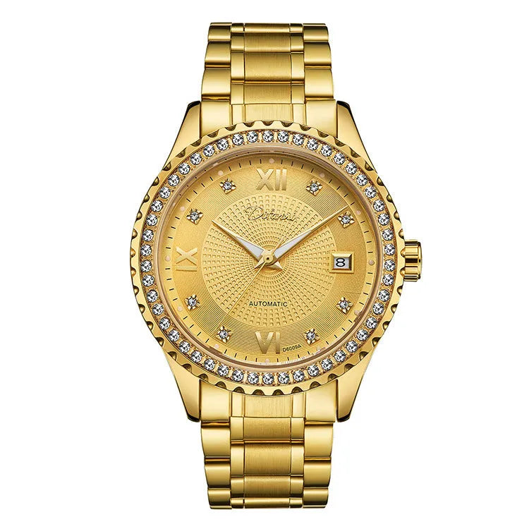 Men's gold and silver automatic mechanical watch with luminous hands on black and white dials.