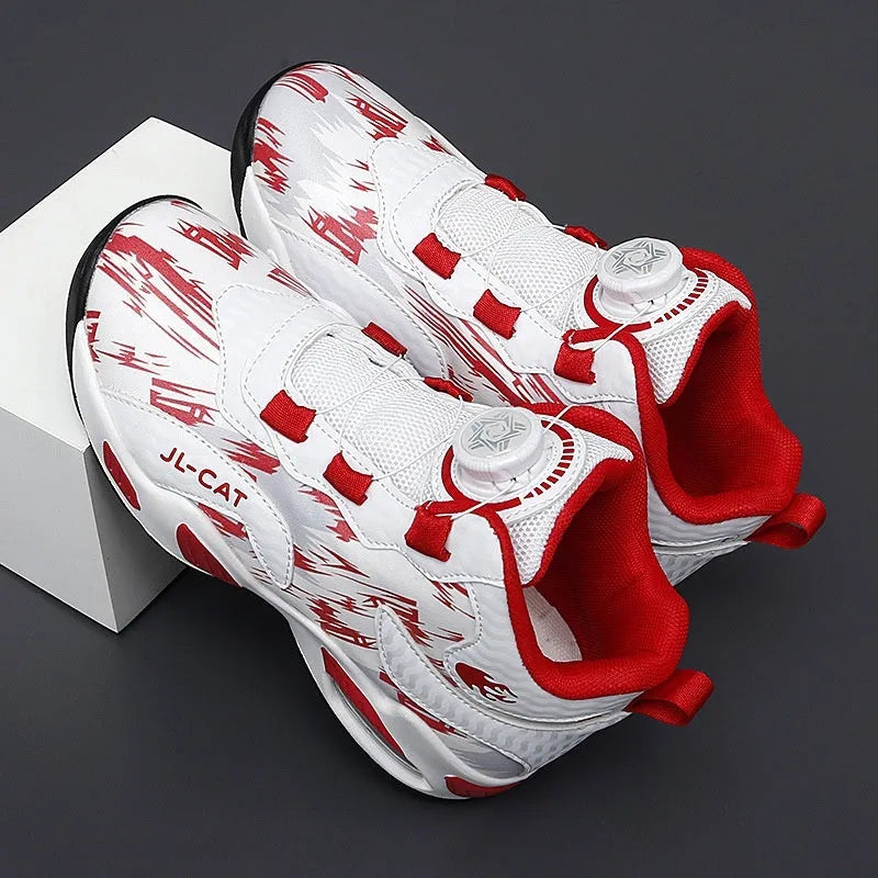 Children's black and coloured rotating button basketball shoes with a PU sole.