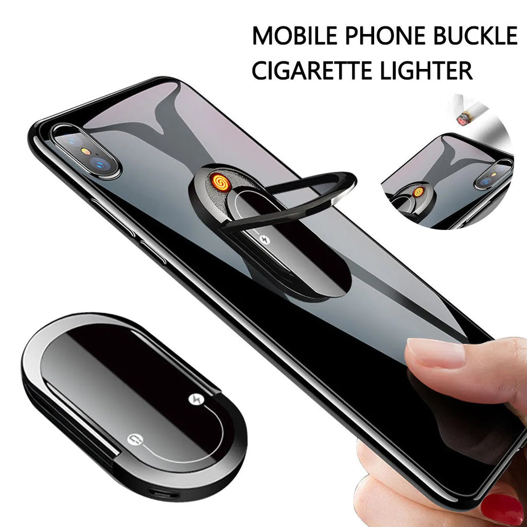 Portable USB plasma lighter with mobile phone holder, aluminium alloy, black ice colour
