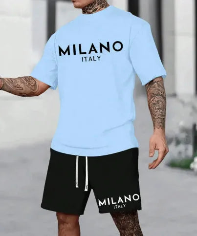 Men's casual two-piece suit set with round neck short sleeve t-shirt and matching shorts