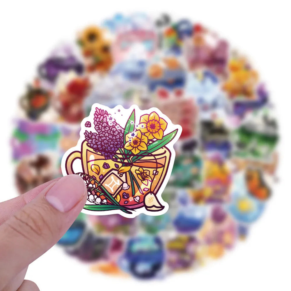 Pack of 50 colourful tea cup graffiti waterproof stickers for DIY luggage and scooter customisation.