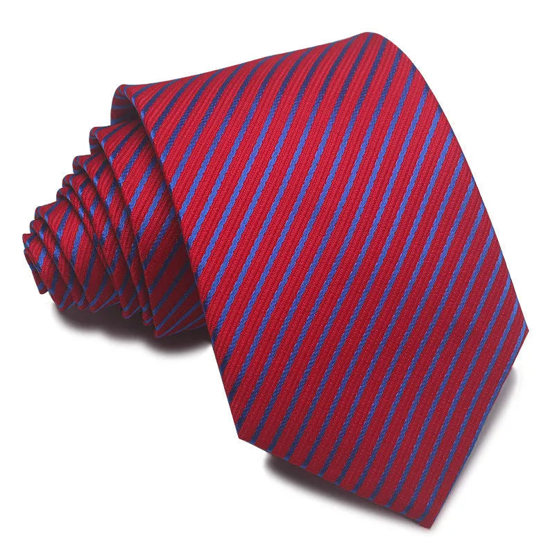 Men's striped jacquard business tie in red, showing arrow head shape and 8cm width.