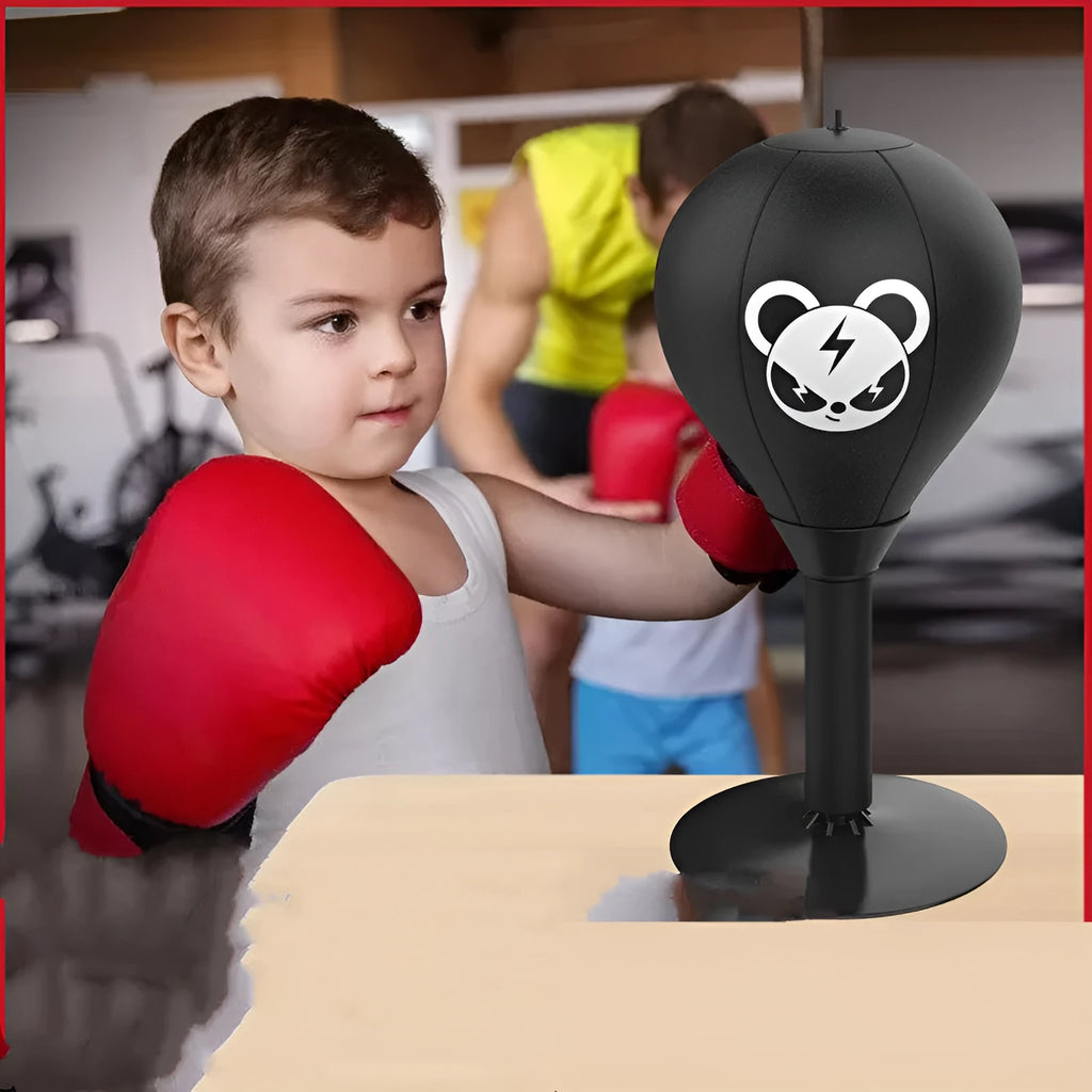 Tabletop boxing speed ball with inflatable sphere on suction cup base, optional boxing gloves