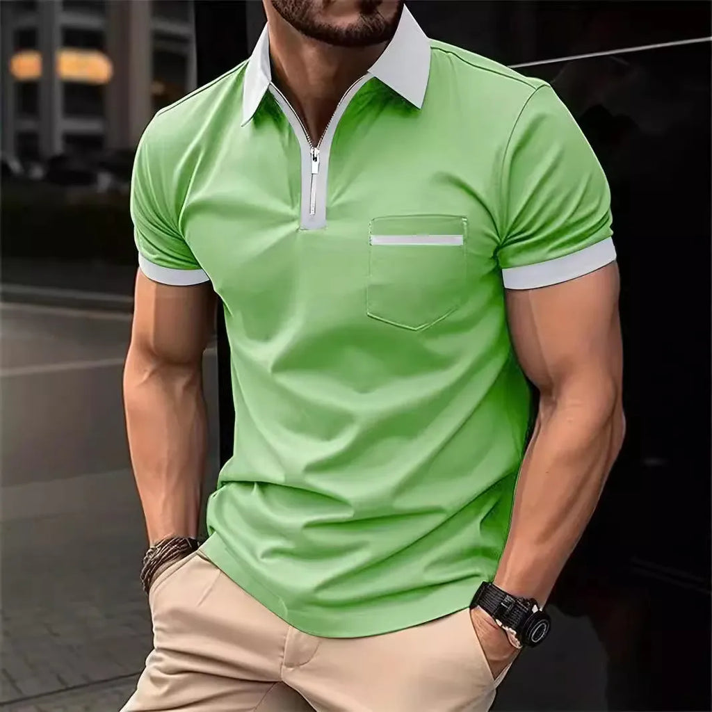 Men's casual short sleeve shirt with chest pocket and zipper decorations in a loose fit.