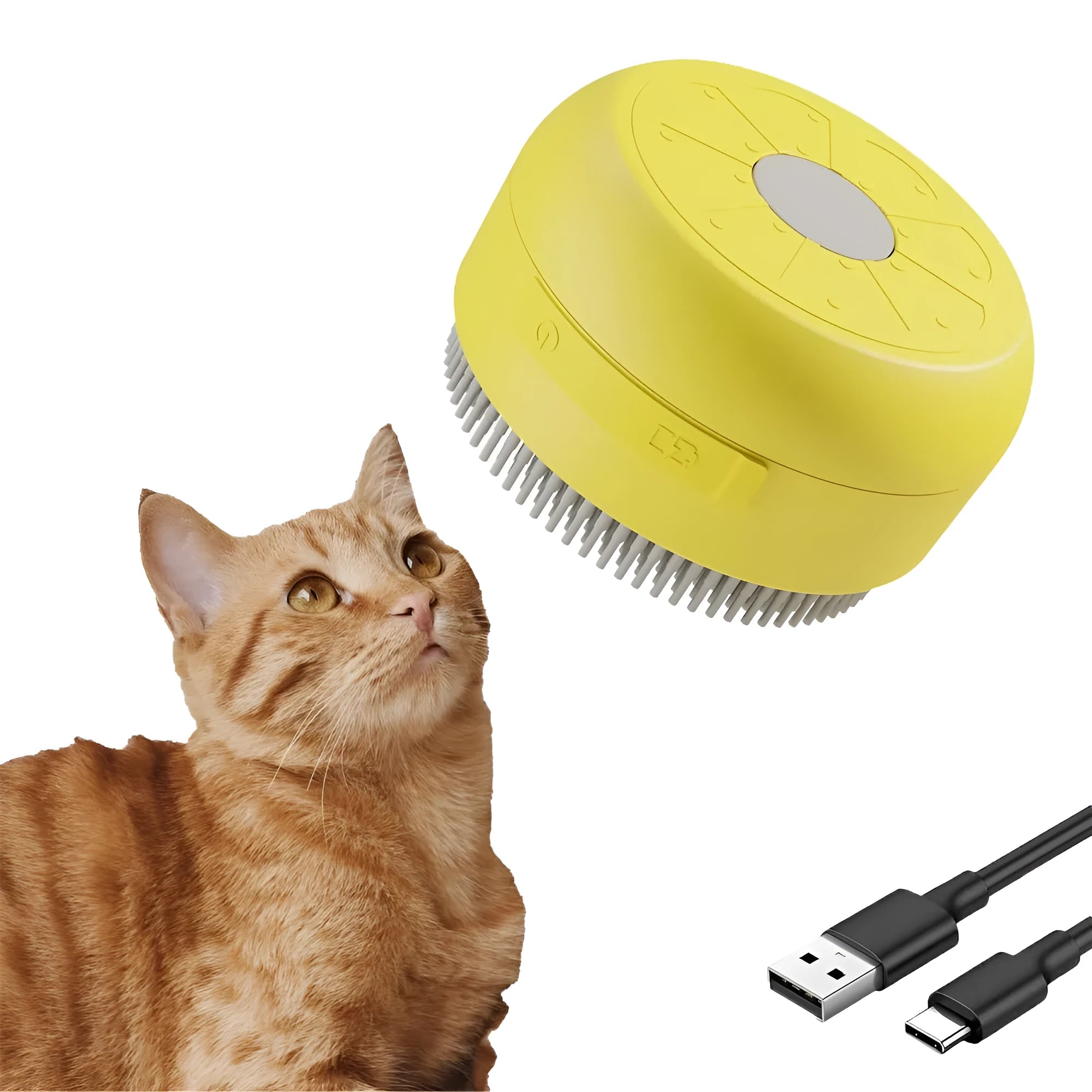 Green and yellow rechargeable 3-in-1 silicone steam brush for grooming cats and dogs.
