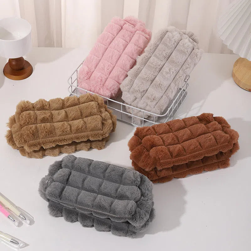 DIY plush Maillard-style student pencil case in beige colour with soft exterior