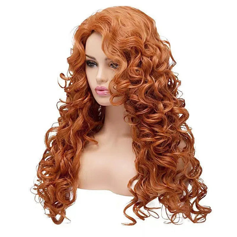 Brown long wavy curly synthetic wig with shoulder-length style for Halloween cosplay