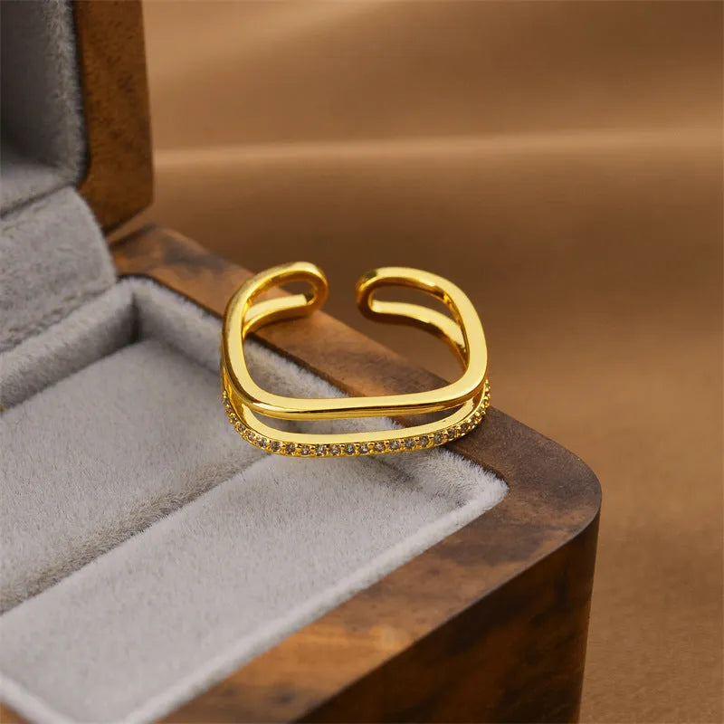 Gold electroplated open ring with geometric design, Korean fashion women's jewellery
