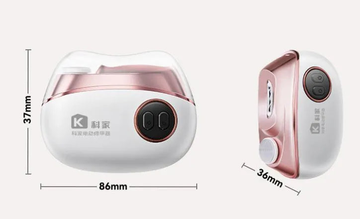 Blue electric nail clipper and polisher with USB-C charging port and cleaning brush.