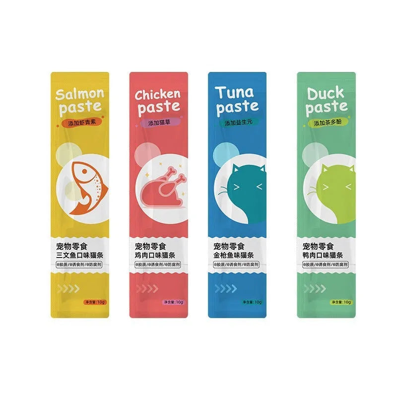 Cat strip snacks for kittens in childhood stage with four flavour varieties including chicken catgrass and tuna prebiotics