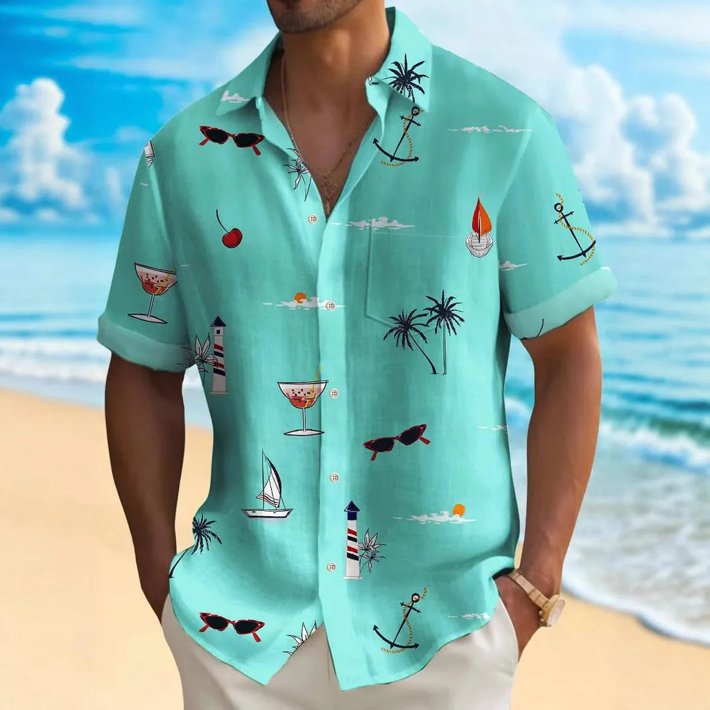 Man wearing a loose-fit, short-sleeve Hawaiian print shirt with colourful digital patterns.