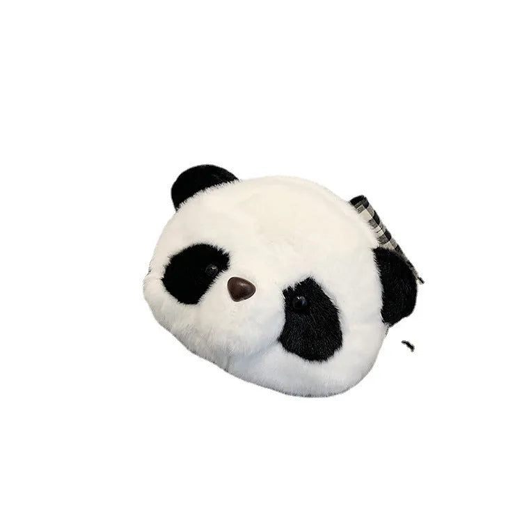 Soft cylindrical plush crossbody bag with panda head design, showing front sandwich pocket.