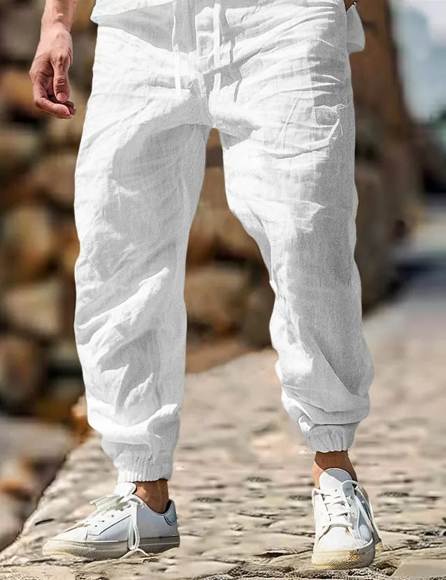 Men's straight leg cotton trousers with elastic waistband in seven colour options