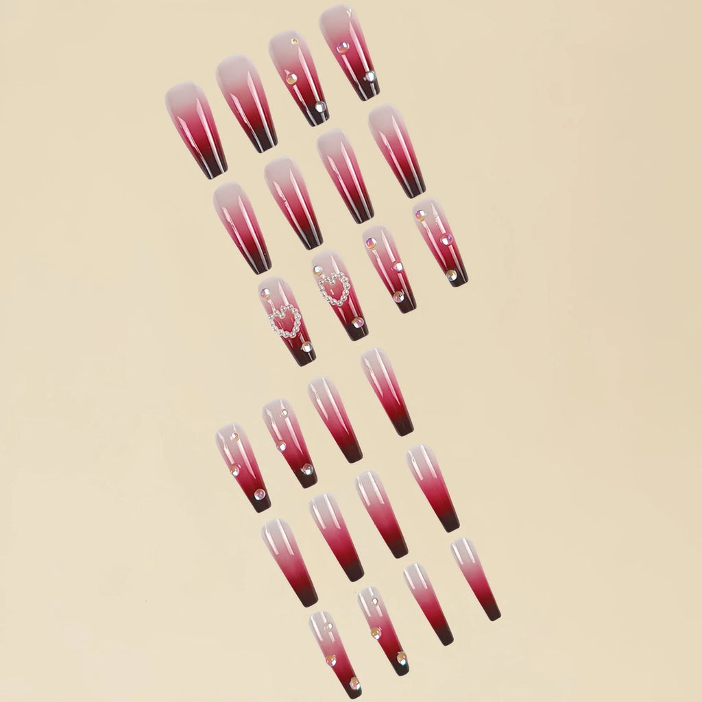 Wine red gradient false nail tips with plaid pattern in long ballet style with jelly glue