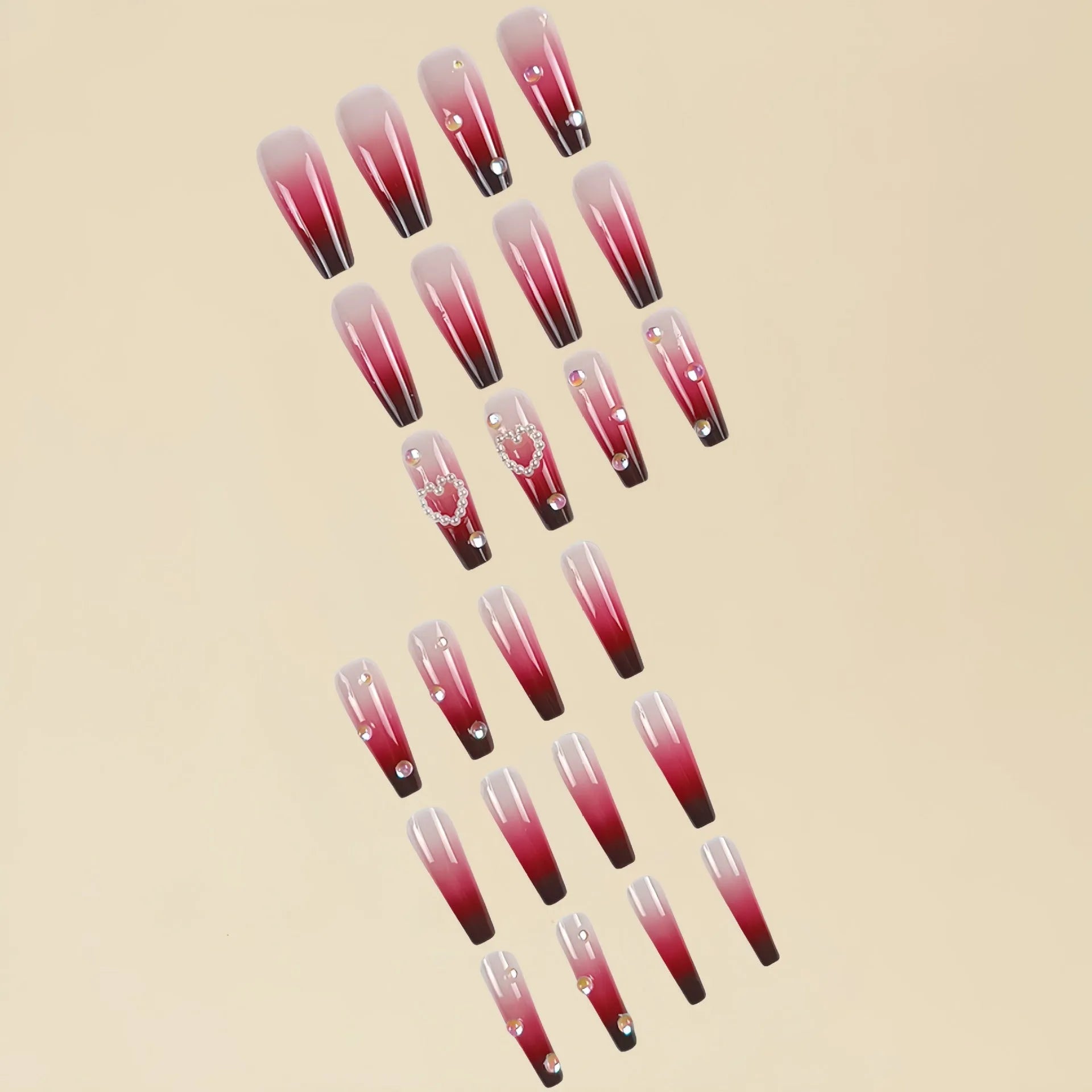 Wine red gradient false nail tips with plaid pattern in long ballet style with jelly glue